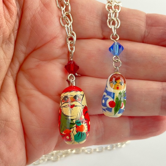 Blue Matryoshka Pendant Necklace, Russian Doll Pendant with Swarovski Crystals - Picture 14 of 14
